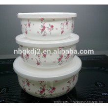 le plus populaire cookware 5 pcs émaillé bol de glace avec couvercle en plastique coloré fleur
